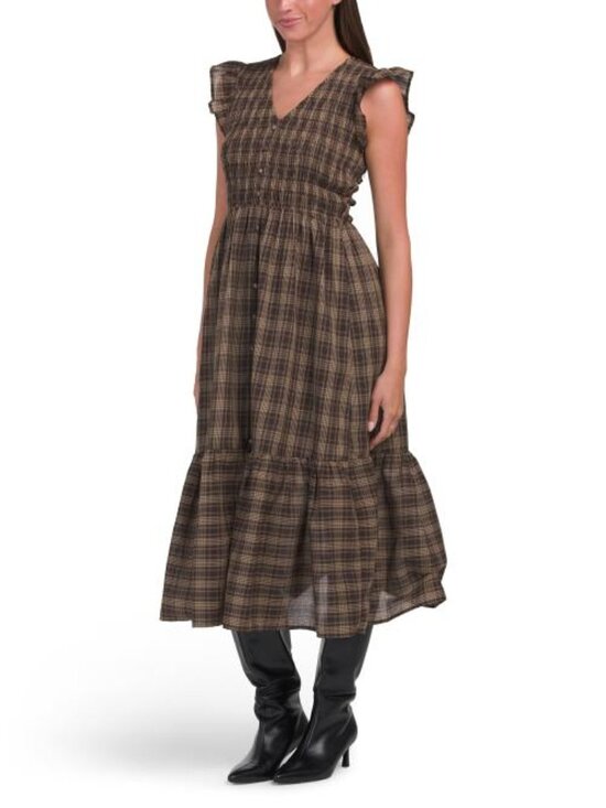Blu Pepper Dresses & Skirts - BLU PEPPER Plaid Smocked V-neck Faux Button Ruffled Midi Dress